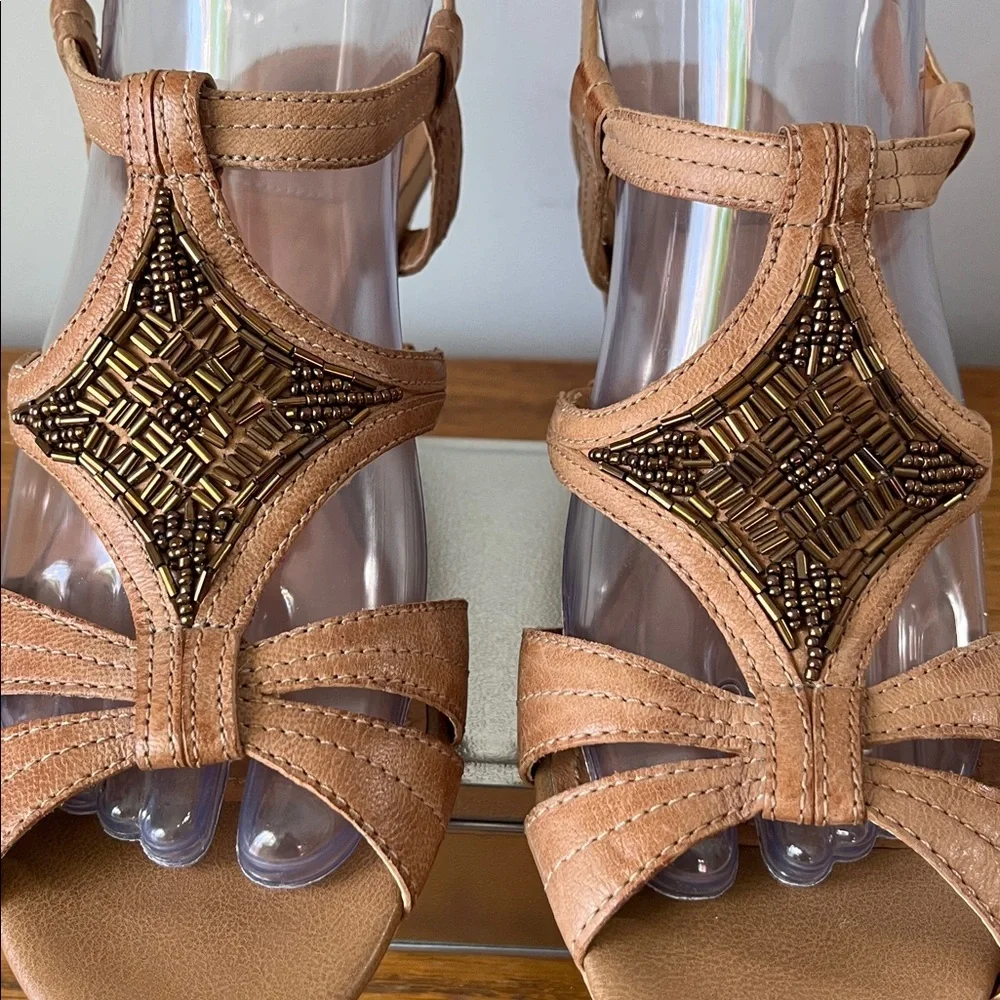 Clark Beaded Cork Wedge Leather Sandals Tan Brown Bronze Size 7.5
